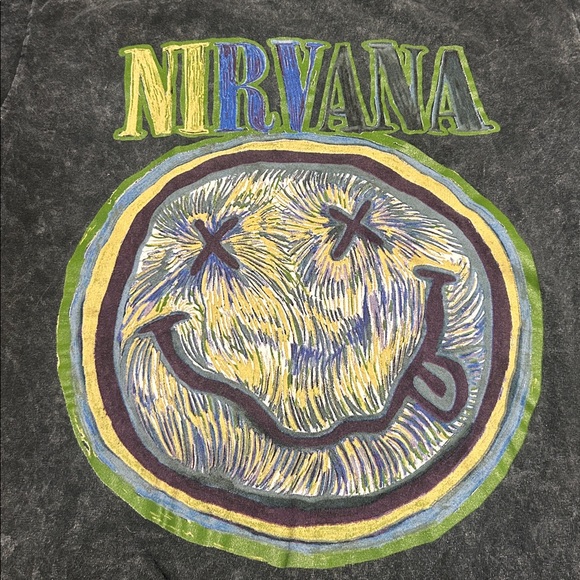 NIRVANA Smiley Face Brush Stroke Crewneck Graphic T-Shirt Acid Wash Band Tee Med - Picture 2 of 3